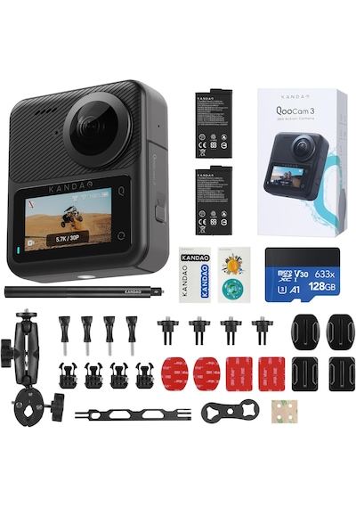 Kandao Qoocam 3 Aksiyon Kamerası 5.7 K + 2 Batarya + 128 Gb Sd Kart + 1 Kamera Çubuğu + 1 Motor Aksesuar Paketi Full Set Siyah