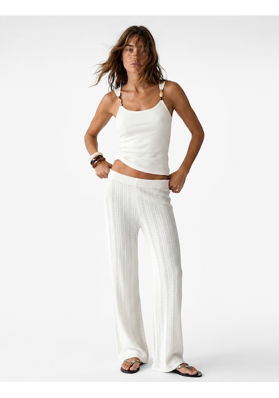 Koton Koton X Şahika Ercümen - Slim Fit Düz Bol Paça Kroşe File Pantolon Ekru 6sak40115ek