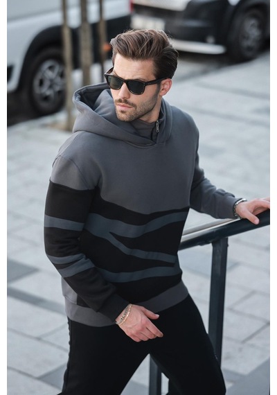 Madmext Füme Kapüşonlu Fermuar Yaka Desenli Erkek Sweatshirt E7162 Füme