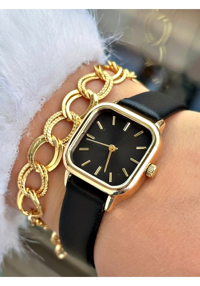 Özel Kare Classic Tasarım Metal Kasa Vintage Modeli Kadın Kol Saati-bileklik Hediyeli Siyah