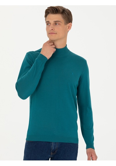 Cacharel Açık Petrol Slim Fit Bisiklet Yaka Basic Triko Kazak