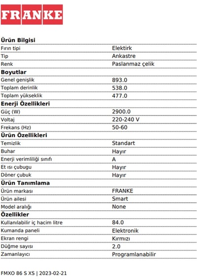 Franke FMXO 86 S XS Ankastre Fırın