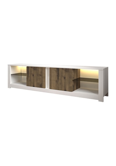 Aydos LED Işıklı Modern TV Sehpası – Cam Raflı, 2 Kapaklı, 180 cm, Beyaz/Antik Ceviz
