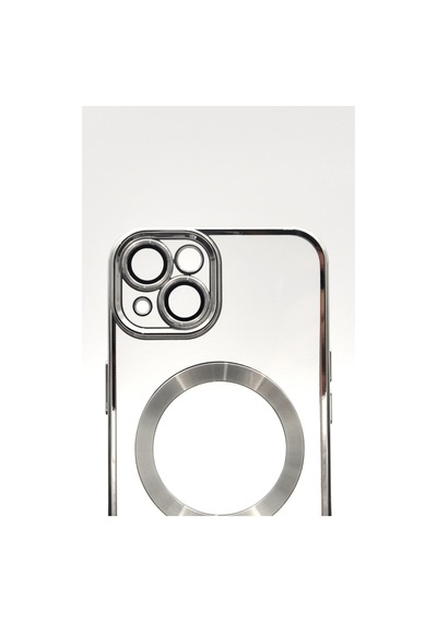 Apple Uyumlu iPhone 14 Magsafe Özellikli Gümüş Gri Silver Renkli Kenarlı Lazerli Şeffaf Kılıf Lens Korumalı
