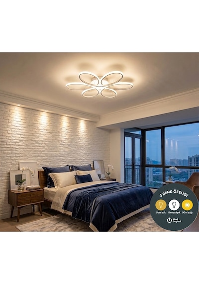Levent Papatya Plafonyer Model Ledli Modern 3 Renkli Aydınlatmalı 60 Cm Ledli Avize Beyaz