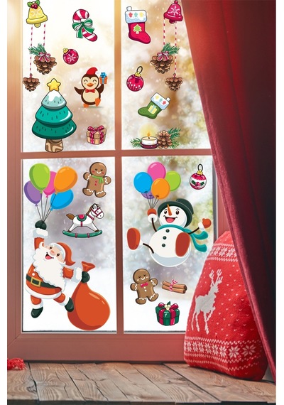 Balonla Uçan Noel Baba Ve Kardan Adam Yılbaşı Süsleri Pencere Duvar Sticker