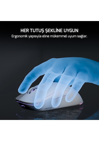 GamePower Kodex RGB 12.000DPI PAW3311 Kablosuz Beyaz Gaming Mouse + Grip Tape Beyaz