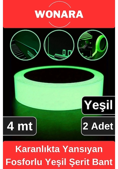 Premium Karanlıkta Yansıyan Yapışkanlı Işık Veren Fosforlu Fotolümen Yeşil Şerit Bant 4 Mt 2 Adet
