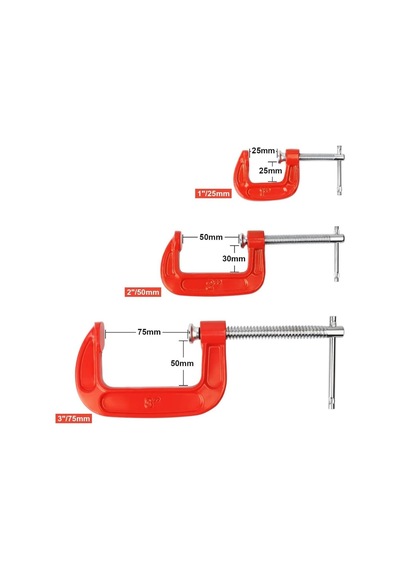 Mengene Seti 3'lü Mini C Tipi İşkence Mengenesi 25 Mm, 50 Mm, 75 Mm Karbon Çelik Gövde, Döküm Metal Sıkıştırma Aparatı Ahşap, Metal, Hobi Ve Atölye Kullanımı İçin