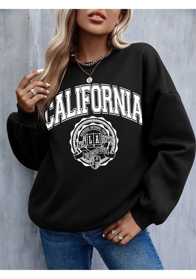 Altamira Unisex Siyah California Baskılı Bisiklet Yaka Oversize Sweatshirt 001