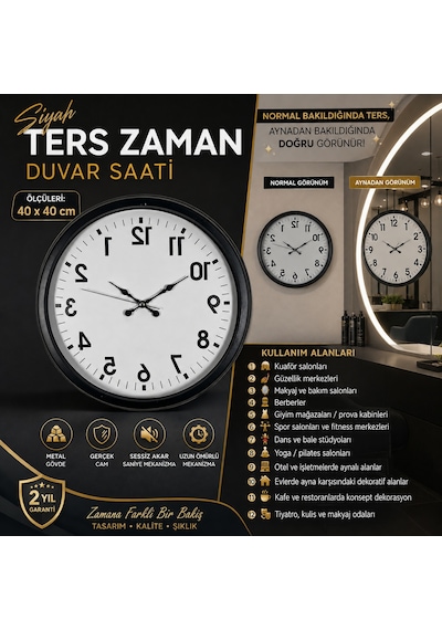 Siyah Ters Zaman 40 X 40 Cm Metal Duvar Saati