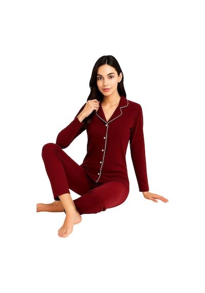 SUDE HOMEWEAR Kadın Bordo Düğmeli Uzun Kol Pijama Takımı Kırmızı