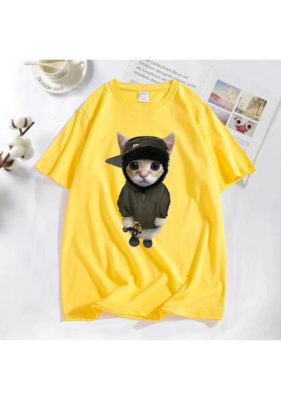 Flood Of Style Tonka T Shirt İle Yeat Kitty Erkekler Komik Sevimli Kedi Grafik Tee % Baskılı Tişört Pamuk Te Sarı