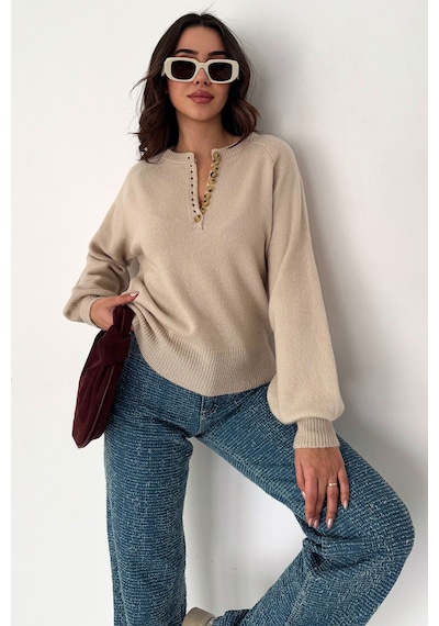 Noa & Noa Kadın Düğmeli Triko Kazak Red Stitch Bej