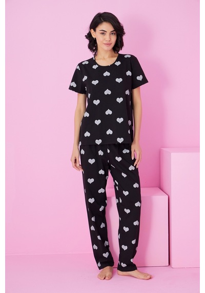 Siyah İnci Bisiklet Yaka Örme Pijama Takım Siyah Beyaz Kalp