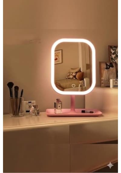 Led Işıklı Ayarlabilir Makyaj Aynası, Usb Şarj Edilebilir, 3 Işık Fonksiyonu, Parlaklık Ayarlı Ve Organizer Tabanlı Taşınabilir Kozmetik Ayna- Pembe Açık Bej