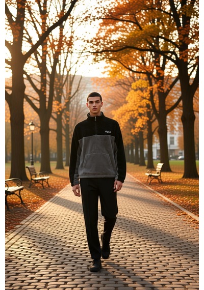 Benerly Erkek Dik Yaka Standart Kol Renk Bloklu Peluş Sweatshirt Fonksiyo siyah