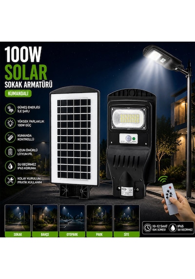 100w - 6500k Solar - Güneş Enerjili Sokak Lambası - Armatür Sensörlü Bahçe-balkon-sokak Ars-348964 Bx40