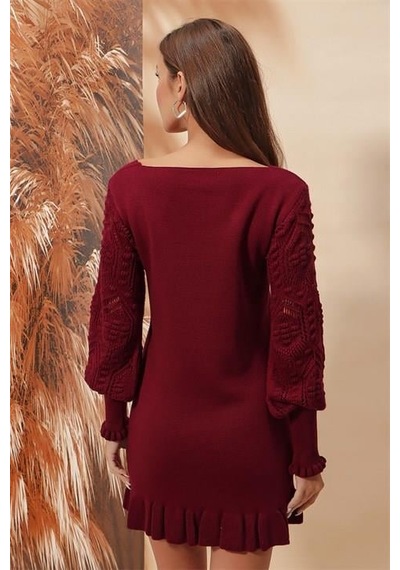 Aqe Fashion Kol Dantel Detaylı U Yaka Eteği Fırfırlı Bordo Elbise Bordo