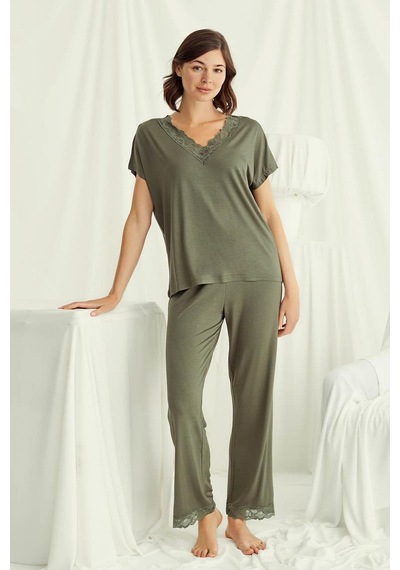 Monamise 18488 Kadın V Yaka Kısa Kollu Pijama Takımı-haki Haki