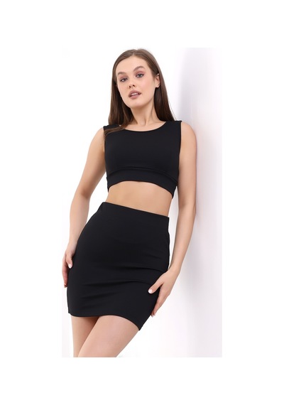 Winmoda34 Kadın Etek-crop 2li Takım Fitilli Kumaş Full Likralı Siyah