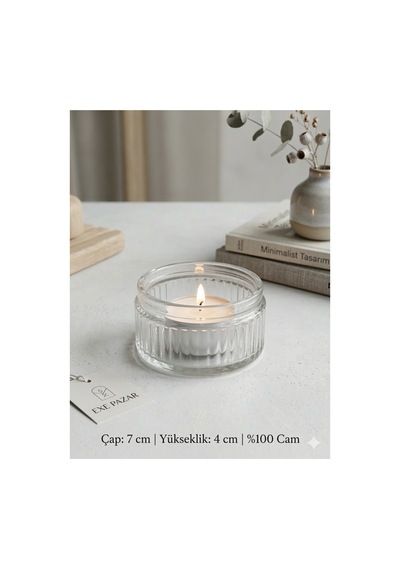 Exemumluk Minimalist Çizgili Cam Tealight Mumluk Modern Ve Şık Dokunuş Bej