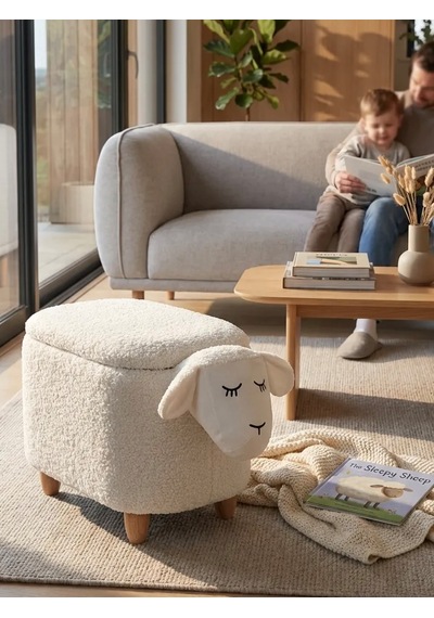 Kuzu Figürlü Sandıklı Puf Modelleri Teddy Puf Krem