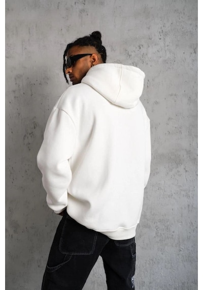Erkek 3 İplik Pamuklu Kapüşonlu Kanguru Cepli Sweatshirt Hoodie - Beyaz