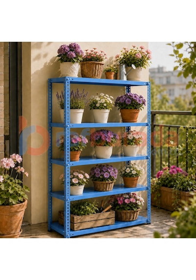 5 Katlı Renkli Dekoratif Çelik Raf - Çiçeklik Rafı, Ofis Rafı 0,70 Mm Mavi-59x75 Cm-200 Cm