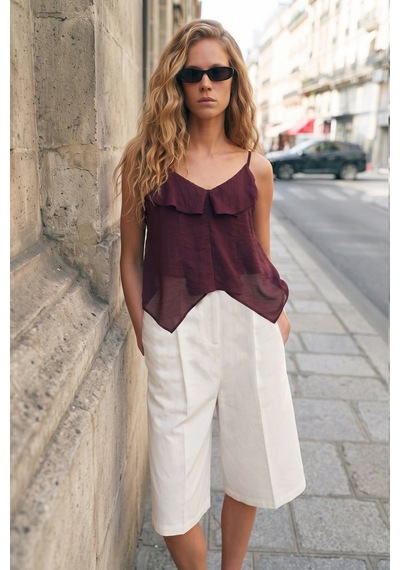 Sateen Fırfır Detaylı Askılı Bluz - Bordo-137726