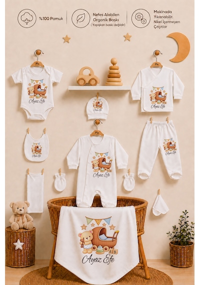 Pia Baby Erkek Bebek Yeni Doğan Hastane Çıkışı 10 Parça İsimli %100 Pamuk Organik Baskılı Set 201810yx Ekru
