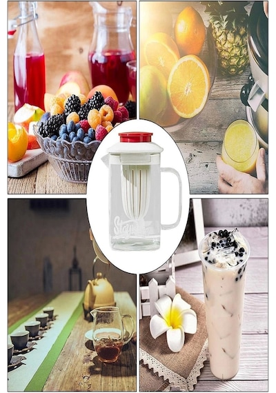 Isıya Dayanıklı Borosilikat Çelik Filtreli Bitki Çayı Süzgeçli Cam Demlik & 850 Ml. Kulplu Sürahi Bej
