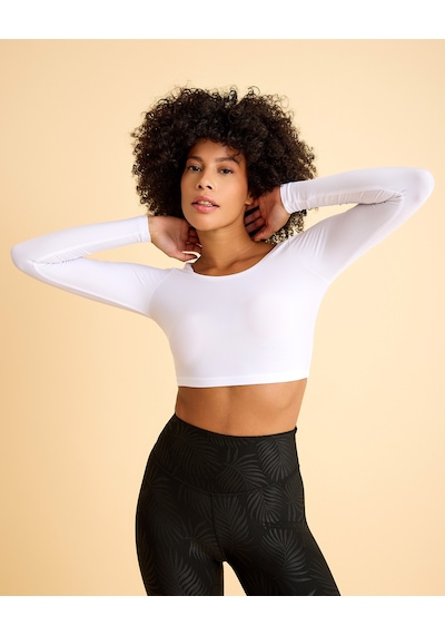 Lismina Uzun Kollu Crop Spor Tişört Beyaz