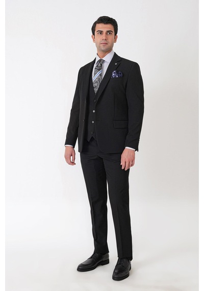 Efor Slim Fit Çift Yırtmaç Esnek Yünlü Siyah Yelekli Takım Elbise Tk 958