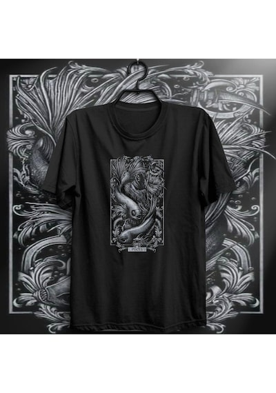 Stoned&Fame Unisex Siyah Balık Burcu Baskılı T-shirt SIYAH Siyah