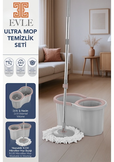 Lavine Premium 360 Mop Temizlik Seti 16 L, Gri, Paslanmaz Sap