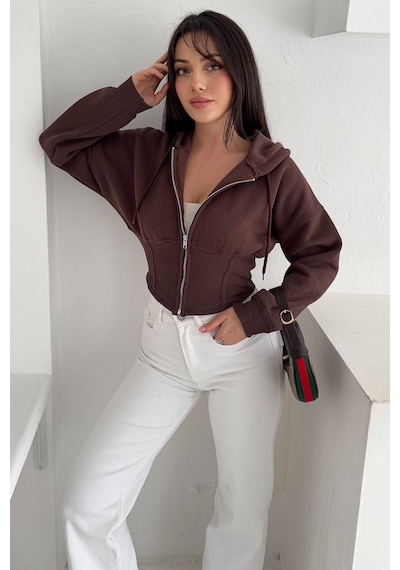 Kadın Siyah Fermuarlı Hoodie Minimal Sokak Ruhuyla Kahverengi