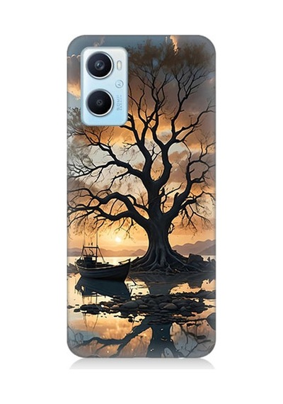 Oppo A96 Uyumlu Göl Kenarında Yalnız Ağaç Desenli Silikon Kılıf Çok Renkli