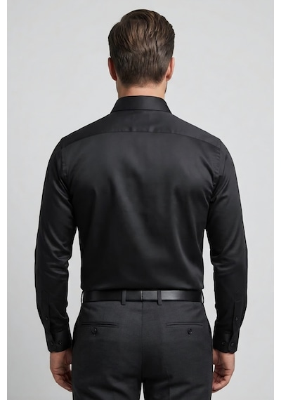 Torivalli Collection Dar Kesim Slimfit Saten Kolay Ütülenebilen Mevsimlik Cepsiz Uzun Kollu Kol Düğmesi Takılabilen Erkek Gömlek Siyah