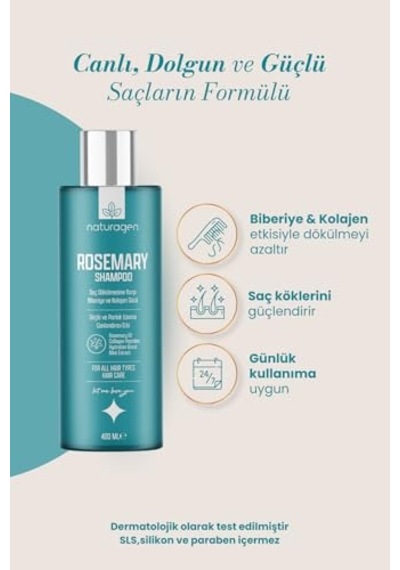 Naturagen Rosemary Dökülme Karşıtı Şampuan 400 Ml Hızlı Uzamaya Yardımcı Biberiye Yağı + Kolajen Peptitleri