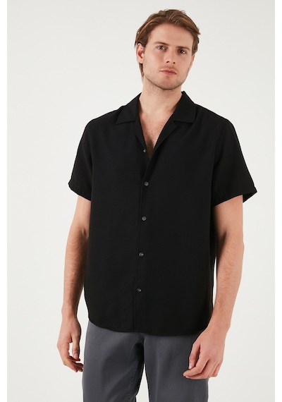 Buratti Keten Görünümlü Kısa Kollu Apaş Yaka Regular Fit Erkek Gömlek Cf23S116775 Siyah