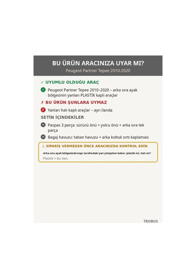 Peugeot Partner Tepee 2010-2020 Arka Yan Plastik 8d Çift Katmanlı Paspas + Bagaj Havuzu Seti Gri