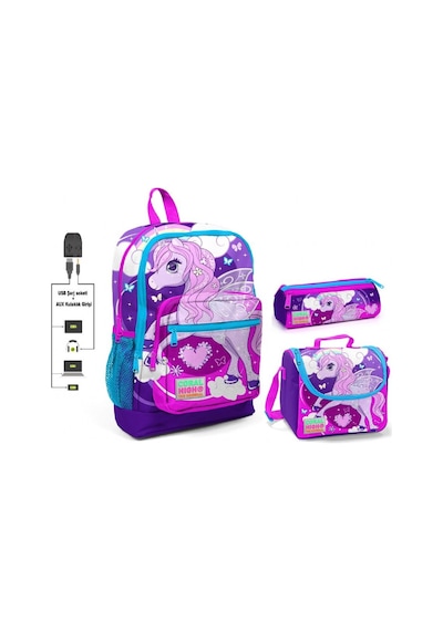 Coral High Mor Unicorn Baskılı Kız Çocuk İlkokul Çanta Seti - USB