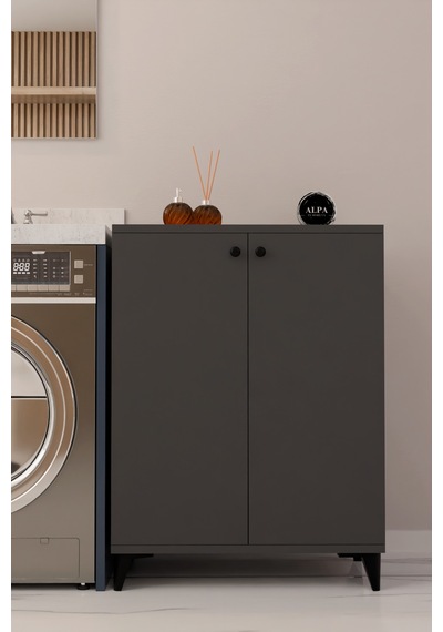 Çok Amaçlı Banyo & Çamaşır Odası Dolabı, Ayarlanabilir Raflı, Kapaklı Modern Banyo Dolabı Antrasit