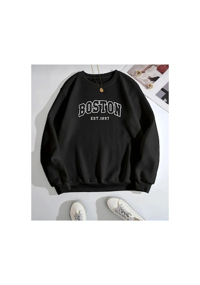 Tarzsokak Siyah Unisex Boston Baskılı 0 Yaka Kapşonsuz Pamuklu Sweatshirt
