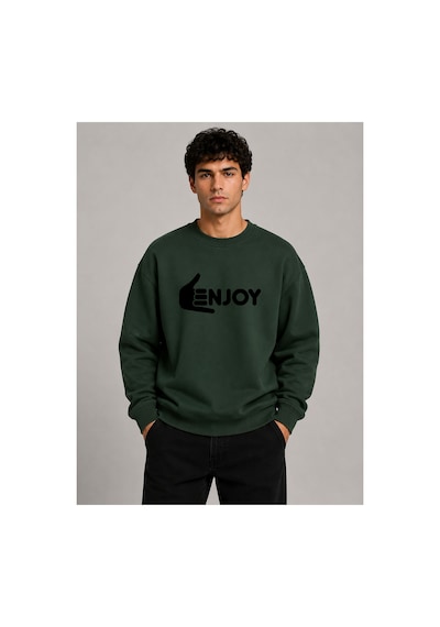 Herkesemoda Enjoy Baskılı Bisiklet Yaka Şardonlu 2 İplik Sweatshirt Yeşil