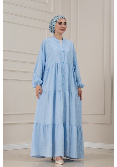 Sevitli Lilyum Kumaş Robalı Katya Elbise-mavi-5820