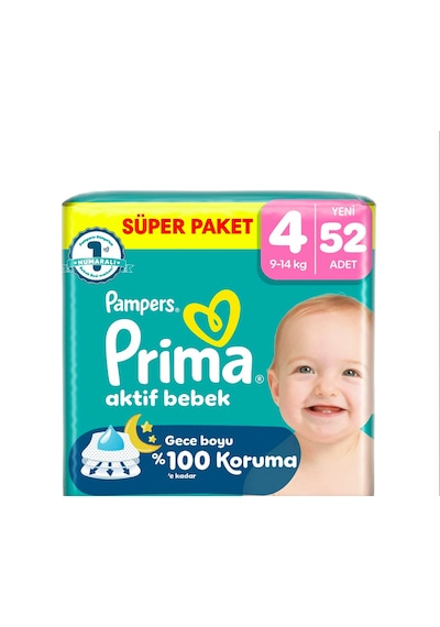 Prima 4 Beden Aktif Bebek Bezi Süper Paket 52 Adet 4 Numara