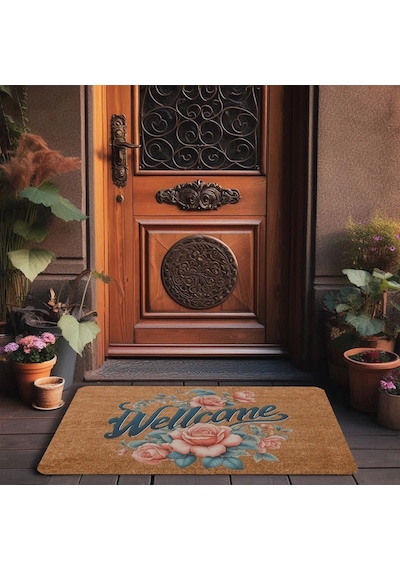 Valerine Life Sarmaşık Pembe Güller Welcome Kapı Önü Paspası 45x70cm