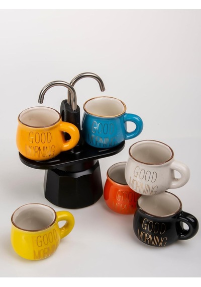 Tr Mukko Home 6'li Renkli Porselen Espresso Fincan Seti Gold Yazılı Good Morning Tasarım,çok Renkli Diğer